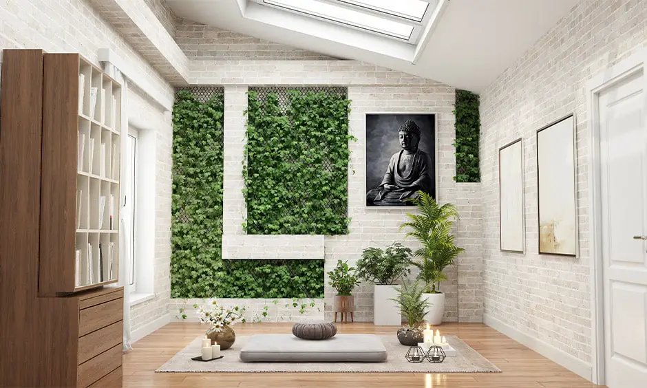 Modern luxury home decorated with buddha painting, plants and white brick cladding wall